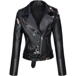 imageBellivera Women Faux Leather Jacket Studded Rivet Floral Moto Biker CoatBlack Embroidered Jacket