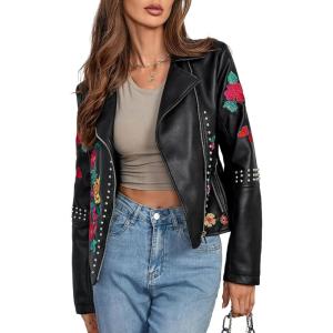 imageBellivera Women Faux Leather Jacket Studded Rivet Floral Moto Biker CoatBlack Floral Jacket