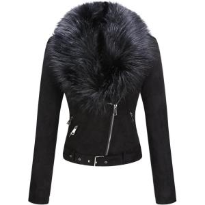 imageBellivera Womens Faux Suede Short Jacket Moto Jacket with Detachable Faux Fur Collar Black XSmall
