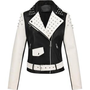 imageBellivera Womens faux leather Motorcycle Jacket Zip up stand with PocketsBlack