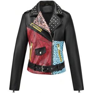 imageBellivera Womens faux leather Motorcycle Jacket Zip up stand with PocketsBlackleopard