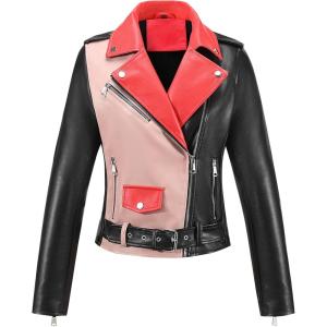imageBellivera Womens faux leather Motorcycle Jacket Zip up stand with PocketsBlackpink