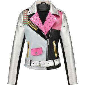 imageBellivera Womens faux leather Motorcycle Jacket Zip up stand with PocketsMulticolor
