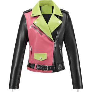 imageBellivera Womens faux leather Motorcycle Jacket Zip up stand with PocketsPinkgreen