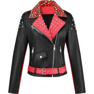 imageBellivera Womens faux leather Motorcycle Jacket Zip up stand with PocketsRedblack