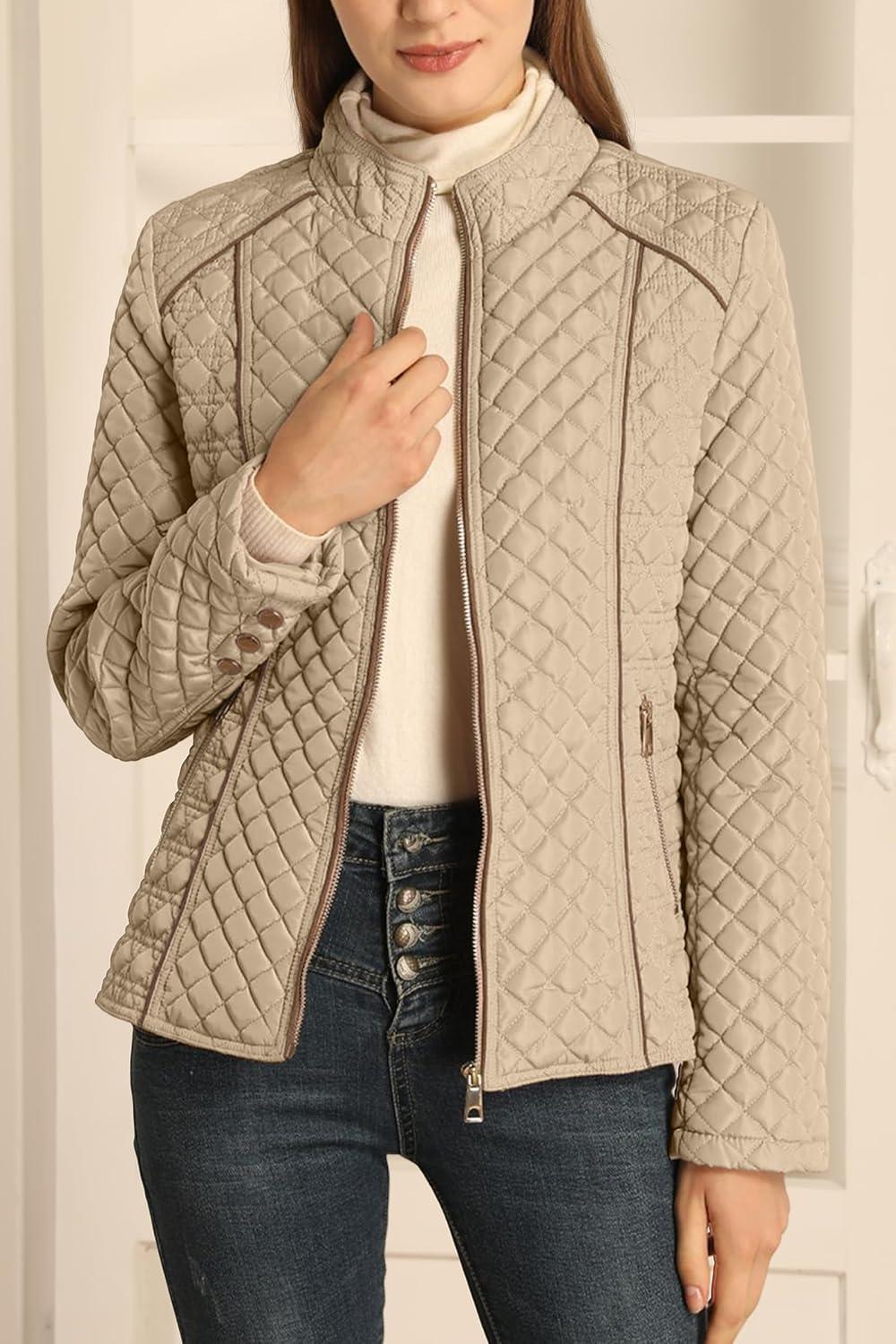 imageBellivera Womens Stand Collar Lightweight Quilted Puffer Jacket Padded Zip Coat for Spring and WinterBeige