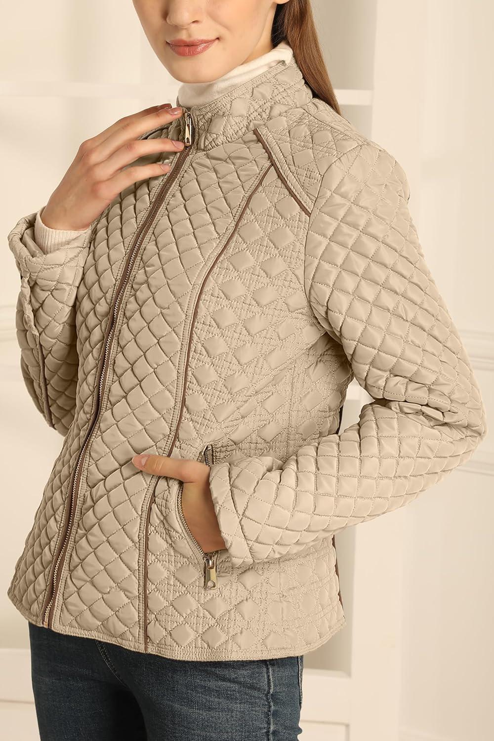imageBellivera Womens Stand Collar Lightweight Quilted Puffer Jacket Padded Zip Coat for Spring and WinterBeige