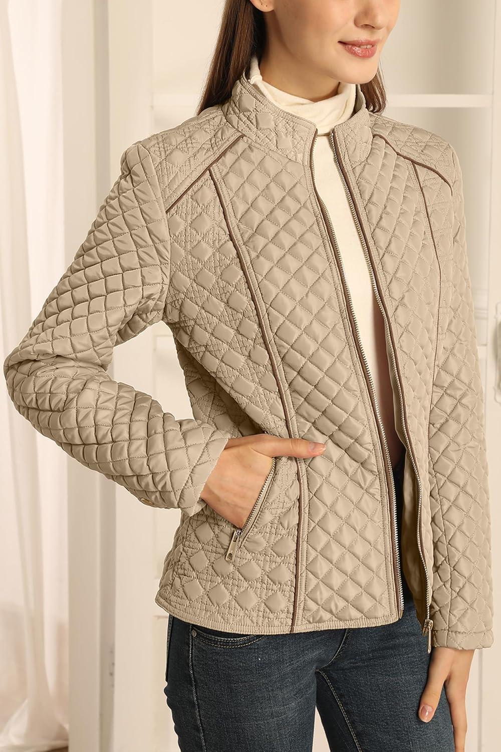 imageBellivera Womens Stand Collar Lightweight Quilted Puffer Jacket Padded Zip Coat for Spring and WinterBeige