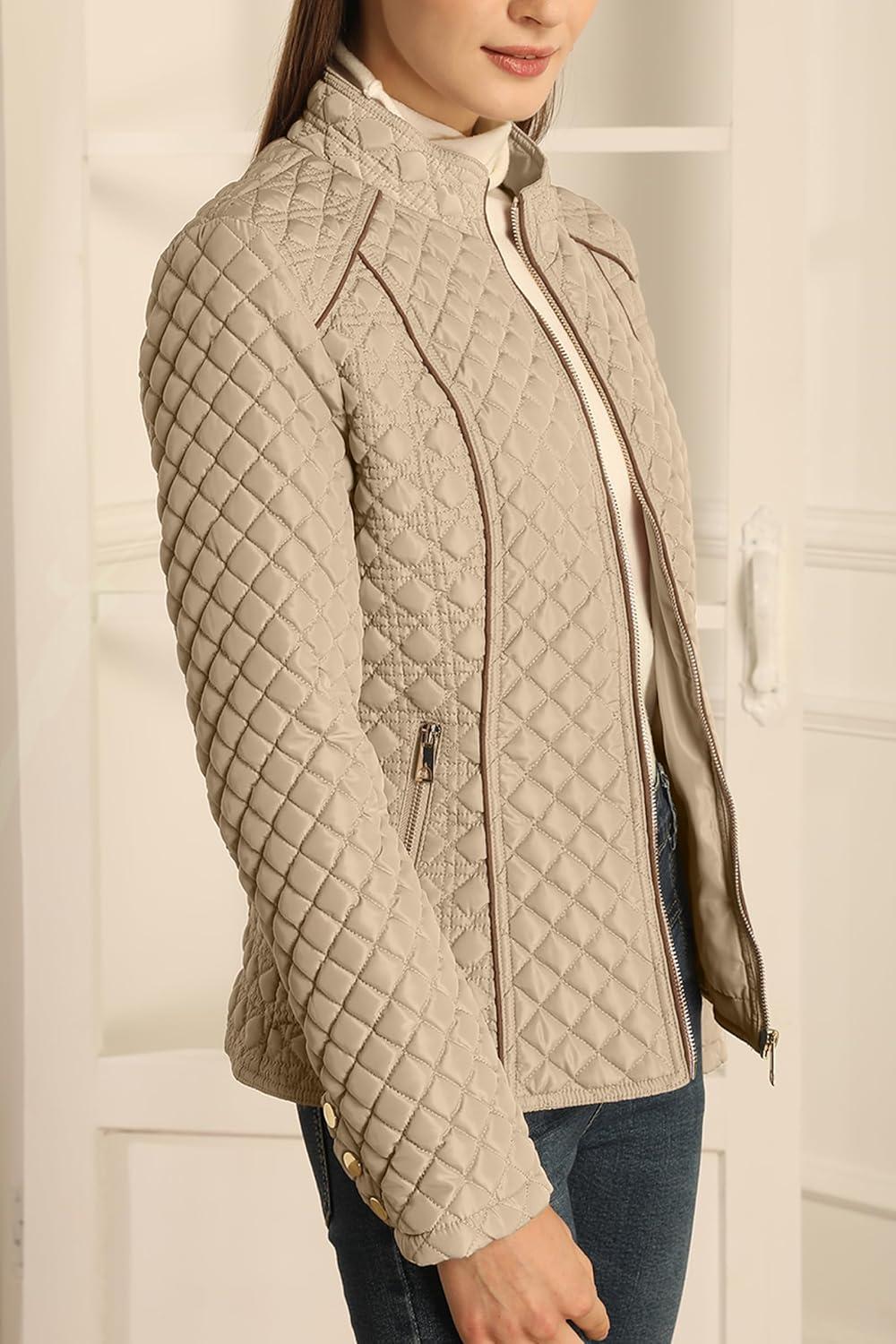 imageBellivera Womens Stand Collar Lightweight Quilted Puffer Jacket Padded Zip Coat for Spring and WinterBeige