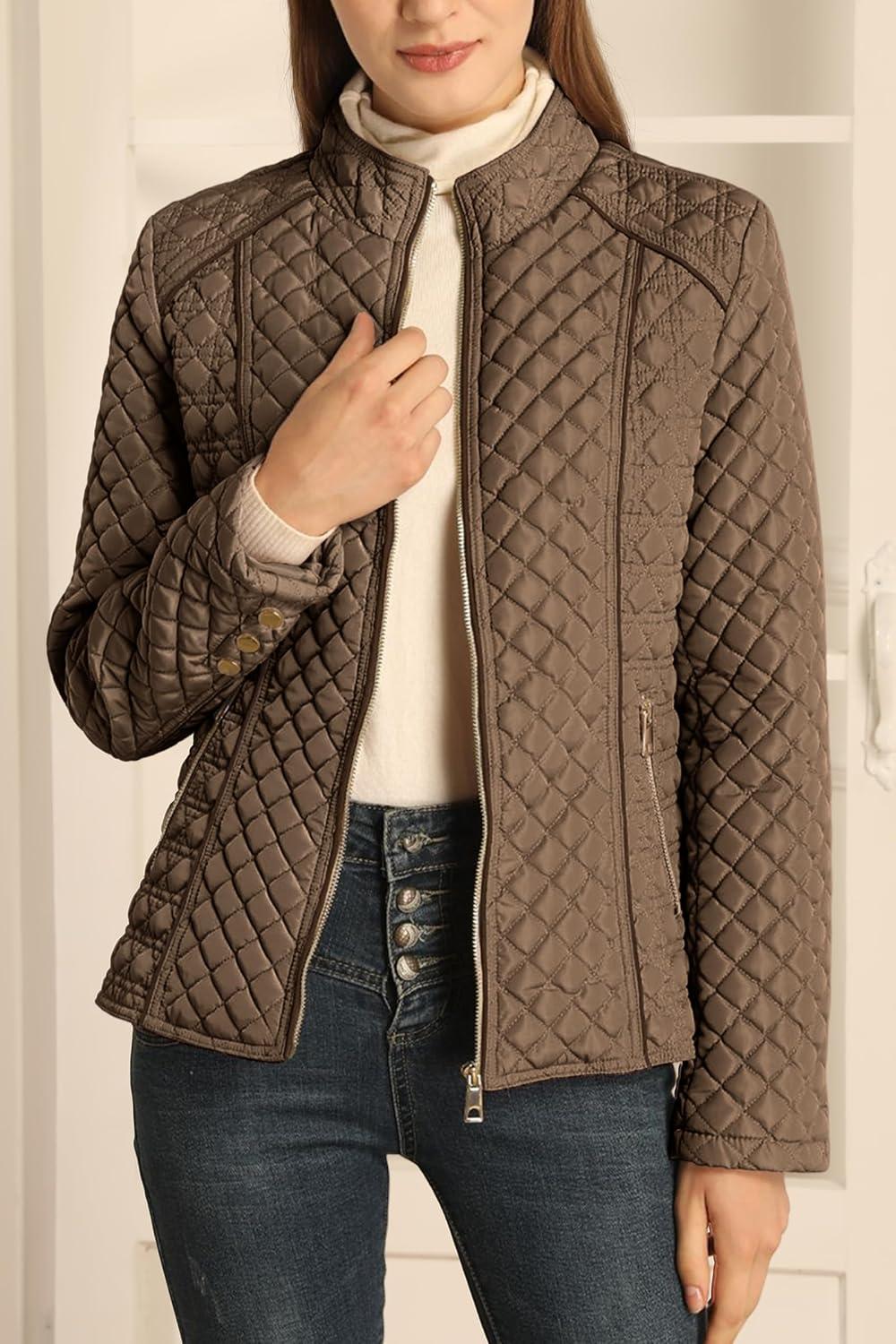 imageBellivera Womens Stand Collar Lightweight Quilted Puffer Jacket Padded Zip Coat for Spring and WinterBrown