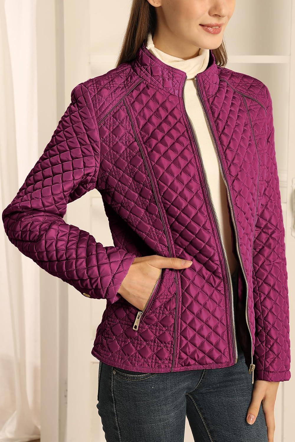 imageBellivera Womens Stand Collar Lightweight Quilted Puffer Jacket Padded Zip Coat for Spring and WinterRed