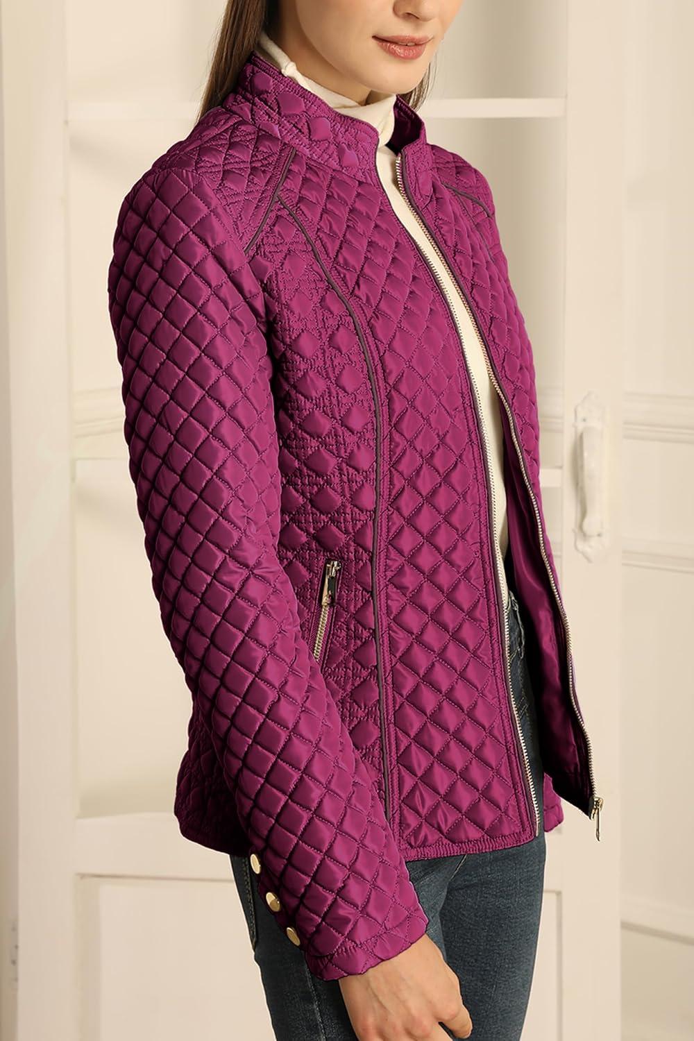 imageBellivera Womens Stand Collar Lightweight Quilted Puffer Jacket Padded Zip Coat for Spring and WinterRed