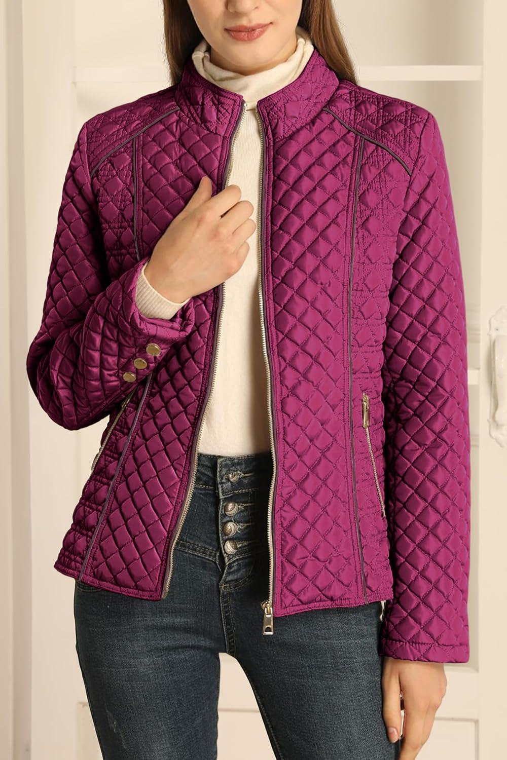 imageBellivera Womens Stand Collar Lightweight Quilted Puffer Jacket Padded Zip Coat for Spring and WinterRed