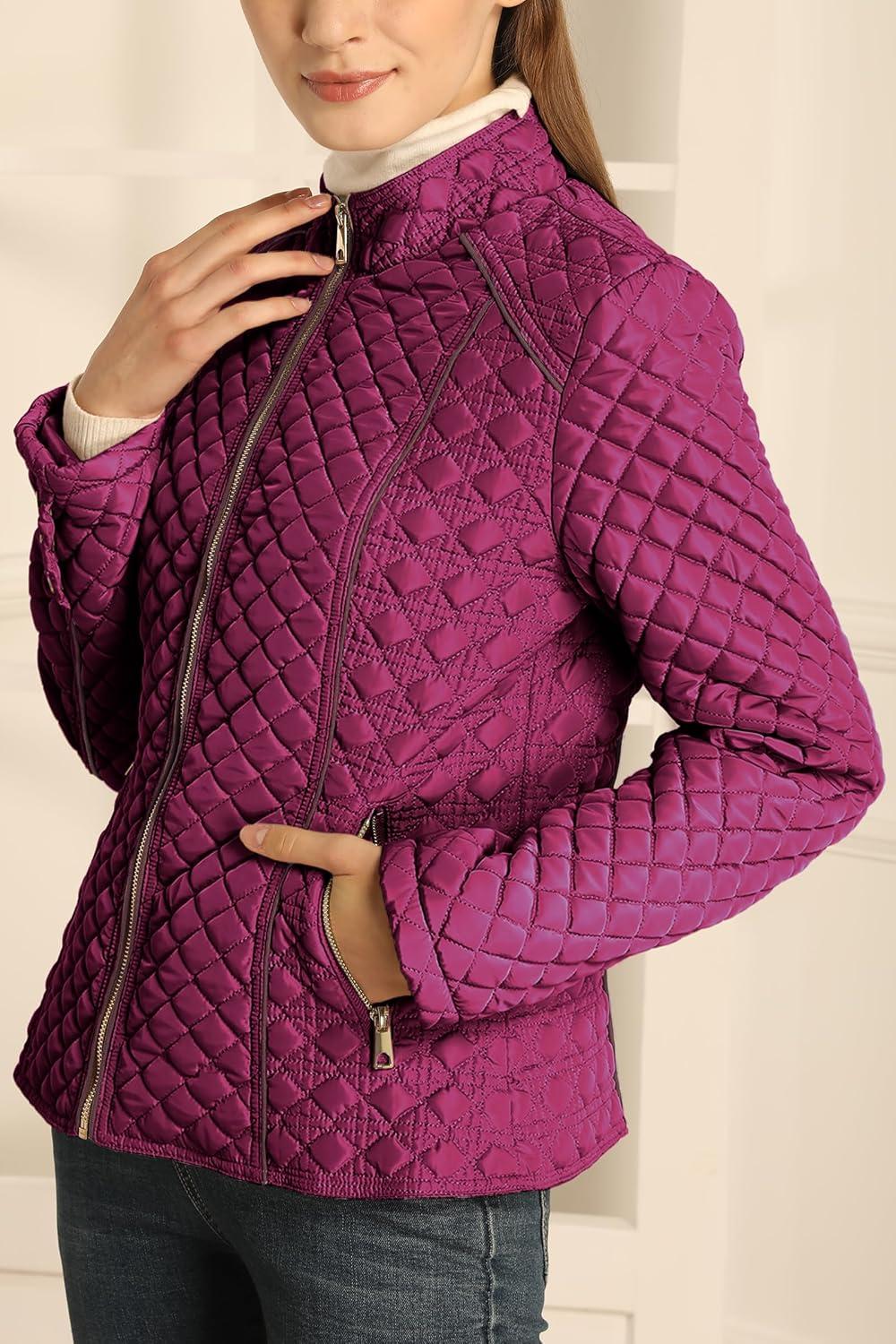 imageBellivera Womens Stand Collar Lightweight Quilted Puffer Jacket Padded Zip Coat for Spring and WinterRed