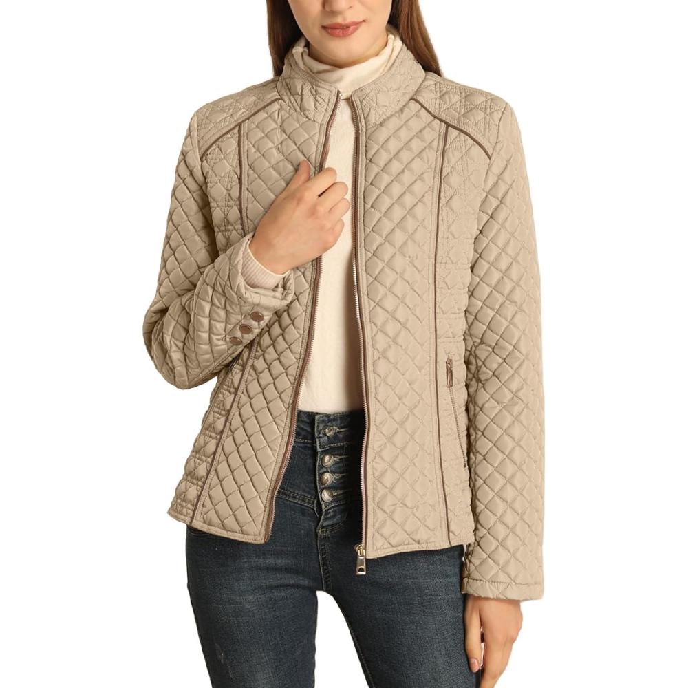 imageBellivera Womens Stand Collar Lightweight Quilted Puffer Jacket Padded Zip Coat for Spring and WinterBeige