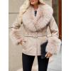 imageBellivera Women Faux Leather Jacket Winter Long Sleeve Zip Belt Coat with Fur CollarBeige