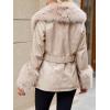imageBellivera Women Faux Leather Jacket Winter Long Sleeve Zip Belt Coat with Fur CollarBeige