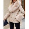 imageBellivera Women Faux Leather Jacket Winter Long Sleeve Zip Belt Coat with Fur CollarBeige