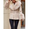 imageBellivera Women Faux Leather Jacket Winter Long Sleeve Zip Belt Coat with Fur CollarBeige