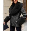 imageBellivera Women Faux Leather Jacket Winter Long Sleeve Zip Belt Coat with Fur CollarBlack