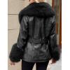 imageBellivera Women Faux Leather Jacket Winter Long Sleeve Zip Belt Coat with Fur CollarBlack