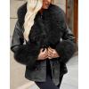 imageBellivera Women Faux Leather Jacket Winter Long Sleeve Zip Belt Coat with Fur CollarBlack