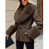 imageBellivera Women Faux Leather Jacket Winter Long Sleeve Zip Belt Coat with Fur CollarCoffee
