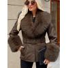 imageBellivera Women Faux Leather Jacket Winter Long Sleeve Zip Belt Coat with Fur CollarCoffee