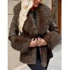 imageBellivera Women Faux Leather Jacket Winter Long Sleeve Zip Belt Coat with Fur CollarCoffee