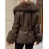 imageBellivera Women Faux Leather Jacket Winter Long Sleeve Zip Belt Coat with Fur CollarCoffee