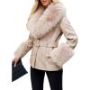 imageBellivera Women Faux Leather Jacket Winter Long Sleeve Zip Belt Coat with Fur CollarBeige