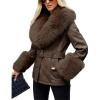 imageBellivera Women Faux Leather Jacket Winter Long Sleeve Zip Belt Coat with Fur CollarCoffee