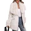 imageBellivera Women Faux Leather Jacket Winter Long Sleeve Zip Belt Coat with Fur CollarWhite Jacket