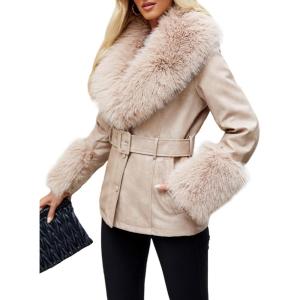 imageBellivera Women Faux Leather Jacket Winter Long Sleeve Zip Belt Coat with Fur CollarBeige