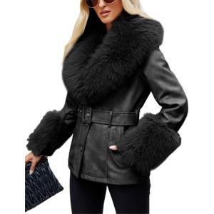imageBellivera Women Faux Leather Jacket Winter Long Sleeve Zip Belt Coat with Fur CollarBlack