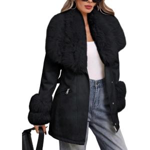 imageBellivera Women Faux Leather Jacket Winter Long Sleeve Zip Belt Coat with Fur CollarBlack Jacket