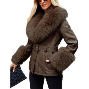 imageBellivera Women Faux Leather Jacket Winter Long Sleeve Zip Belt Coat with Fur CollarCoffee