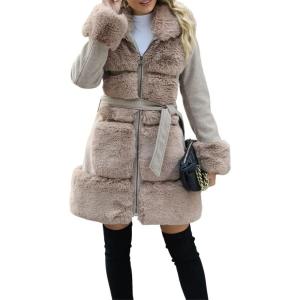 imageBellivera Womens Wool Pea Coat Faux Fur Jacket Winter Warm Parka Overcoat with BeltKhaki