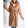 imageBellivera Womens Faux Leather Trench Coat with Faux Fur Hood Casual Thick Shearling Lined KneeLength Winter OuterwearCamel