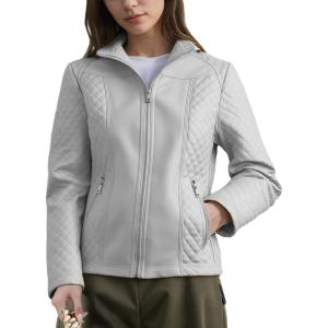 imageBellivera Faux Leather Jacket Women Motorcycle Zipper Bomber PU Bike Coat with PocketsBeige Casual Jacket