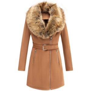 imageBellivera Women Faux Leather Trench Coat FleeceLined Midlength Jacket with Detachable Fur CollarCamel Coat