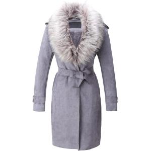 imageBellivera Women Faux Leather Trench Coat FleeceLined Midlength Jacket with Detachable Fur CollarGrey