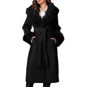 imageBellivera Womens Fall Winter Coat Elegant Notched Lapel Single Breasted Trench Coat with Detachable Faux Fur CollarBlack
