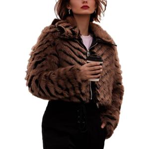 imageBellivera Womens Faux Fur Leather Jacket Fleece Cropped Warm Fluffy Coat Soft Zip OuterwearBrown