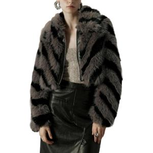 imageBellivera Womens Faux Fur Leather Jacket Fleece Cropped Warm Fluffy Coat Soft Zip OuterwearDark Gray Crop