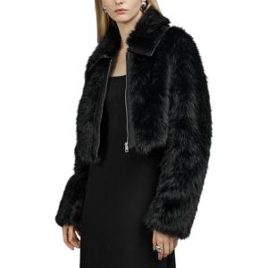 imageBellivera Womens Faux Fur Leather Jacket Fleece Cropped Warm Fluffy Coat Soft Zip OuterwearPure Black Crop