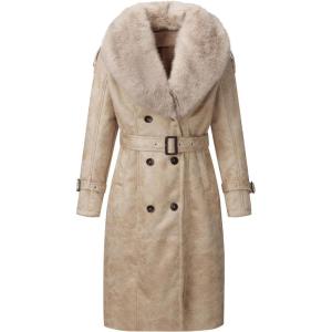 imageBellivera Womens Faux Leather Trench Coat with Faux Fur Hood Casual Thick Shearling Lined KneeLength Winter OuterwearBeige Collar