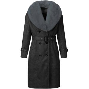 imageBellivera Womens Faux Leather Trench Coat with Faux Fur Hood Casual Thick Shearling Lined KneeLength Winter OuterwearBlack Collar