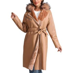 imageBellivera Womens Faux Leather Trench Coat with Faux Fur Hood Casual Thick Shearling Lined KneeLength Winter OuterwearCamel