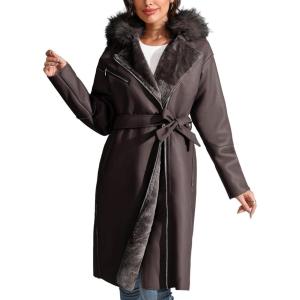 imageBellivera Womens Faux Leather Trench Coat with Faux Fur Hood Casual Thick Shearling Lined KneeLength Winter OuterwearCoffee